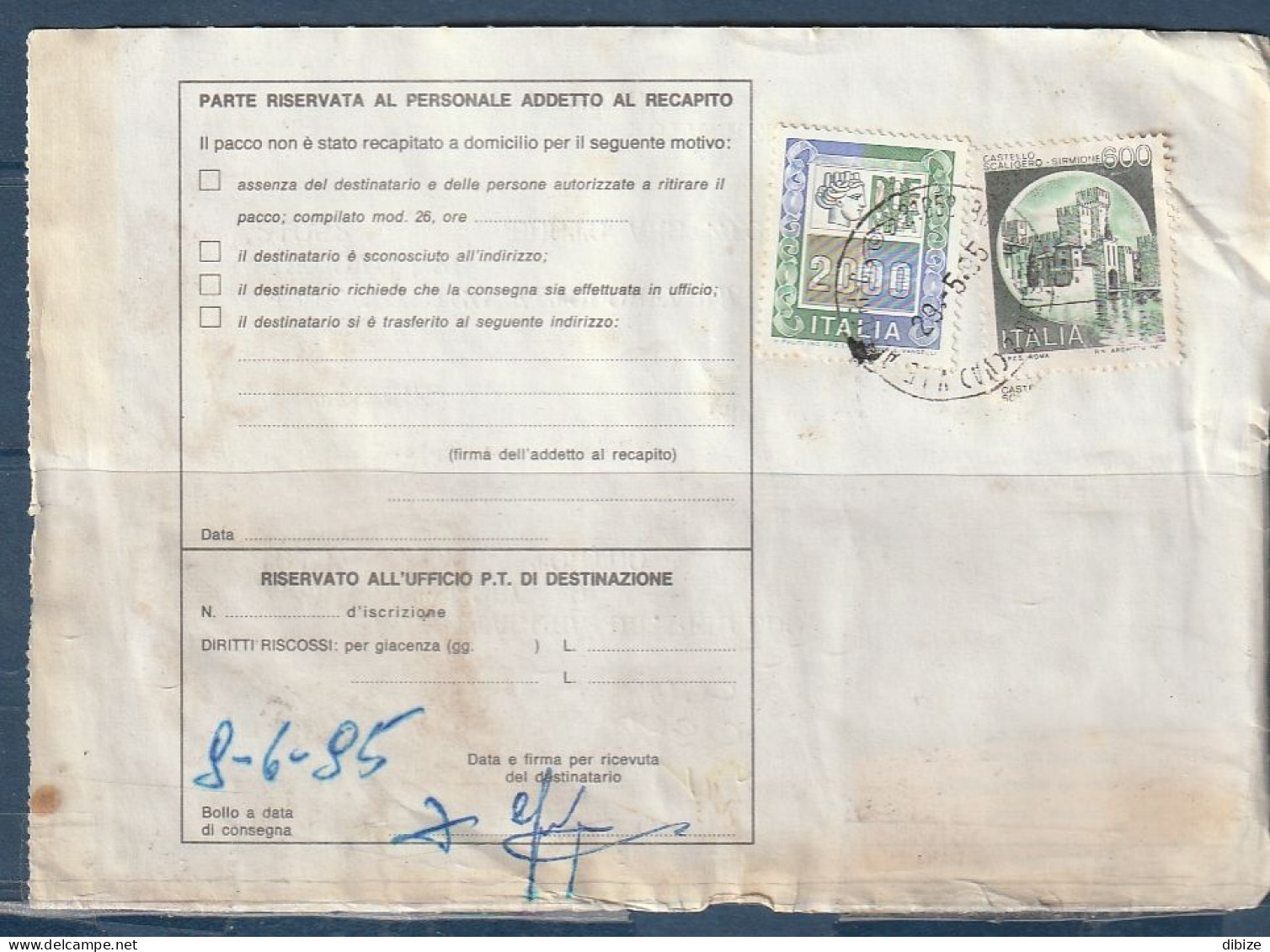 Italie. 10 Bulletins d'expédition de colis Ordinaires. Timbres. Cachets postaux 1995. Etat moyen.