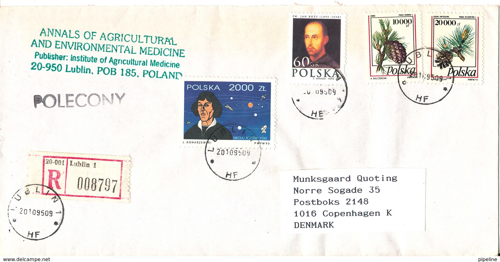 Poland Registered Cover Sent To Denmark Lublin 20-10-1995 (the Flap On The Backside Of The Cover Is Missing) - Covers & Documents