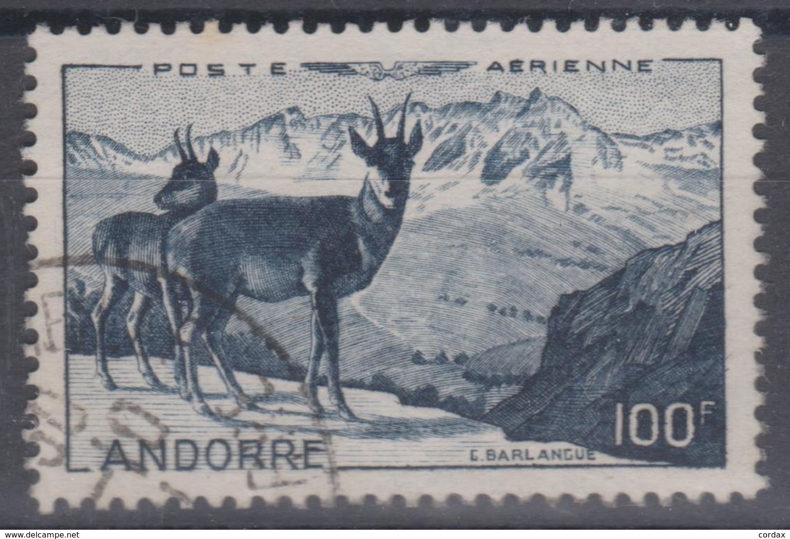 French Andorra 1950 Air Mail. Landscape With Deers. Used. 75 €. Scarce - Animalez De Caza