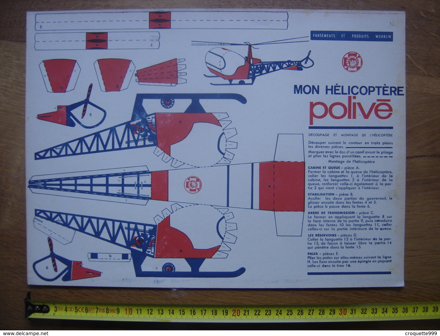 Ancienne PLANCHE WUHRLIN Helicoptere Polive Construction Facile A Monter - Autres & Non Classés