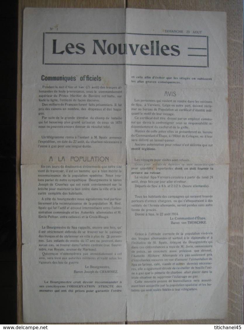 "LES NOUVELLES" N°1 Du 23 Aout 1914 Journal De SPA Publié Avec L'autorisation De L'armée Allemande - Documents Historiques