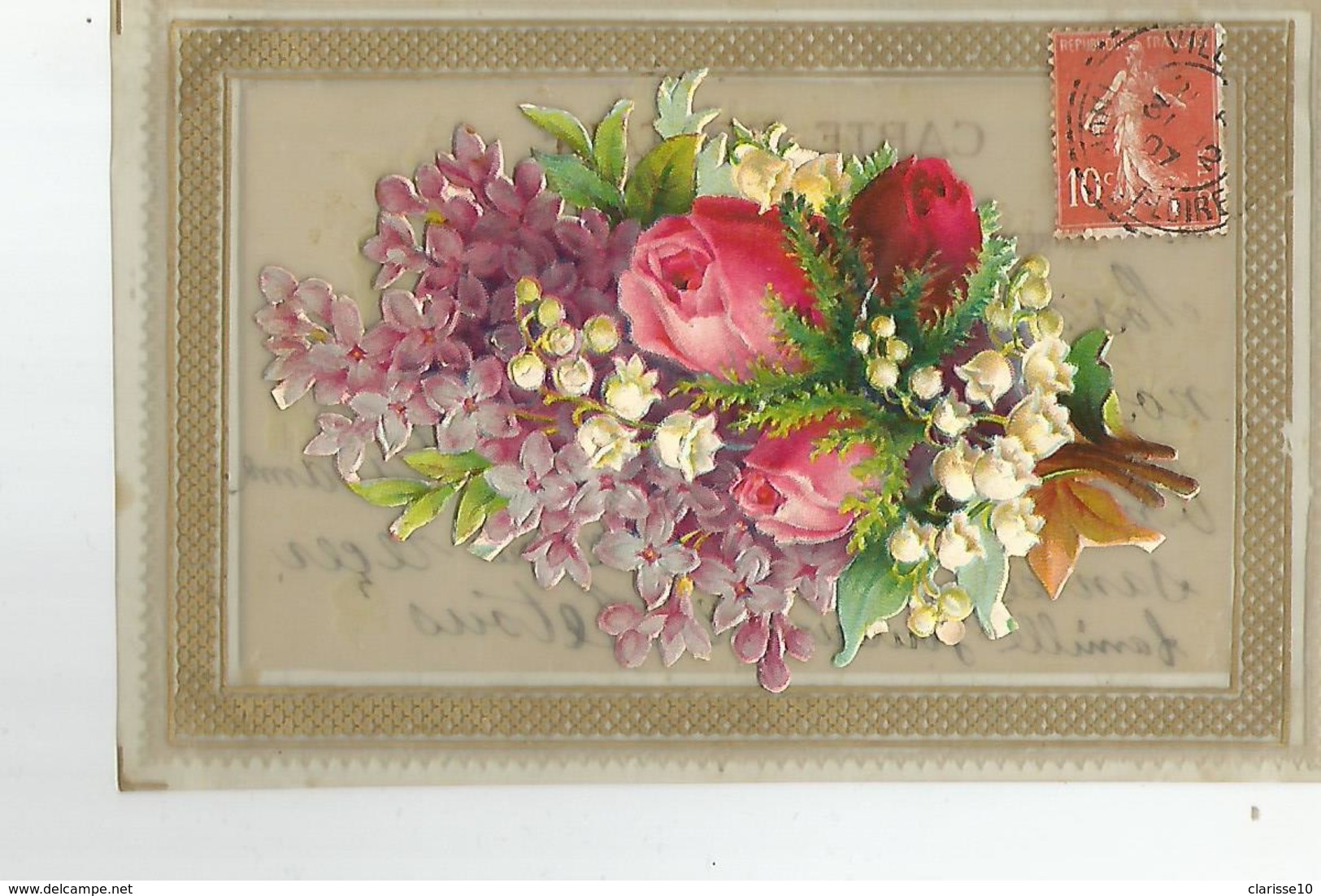 CPA Bakelite Bonne Fete Joli Decoupis Roses Oblitéré A Villaines Indre Et Loire 1907 - Autres & Non Classés