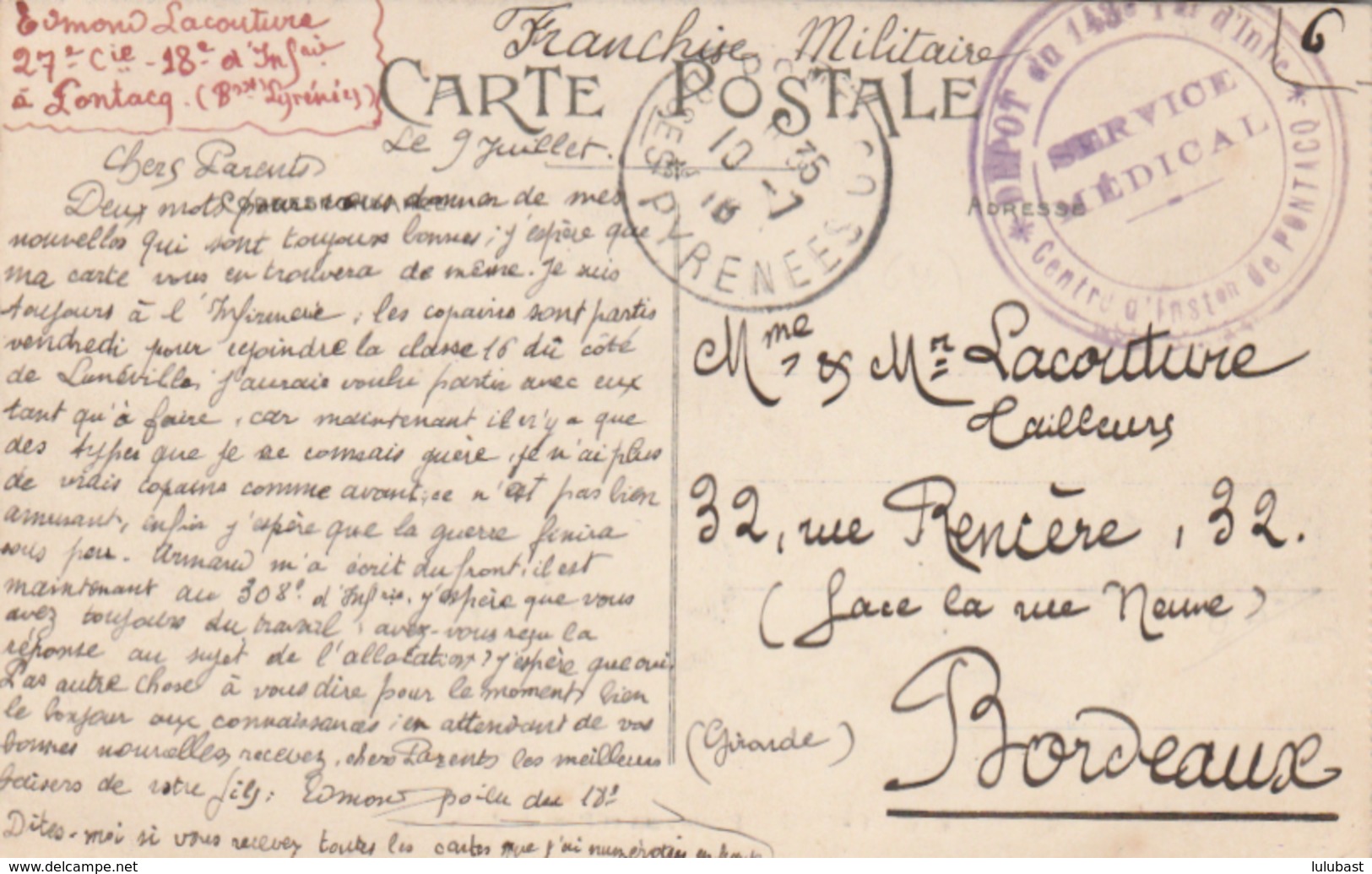 CPA En FM - Cachet * Dépôt Du 148è Tal D'Infanterie * Centre D'Inston De Pontacq* Basses Pyrénées. - Guerre De 1914-18