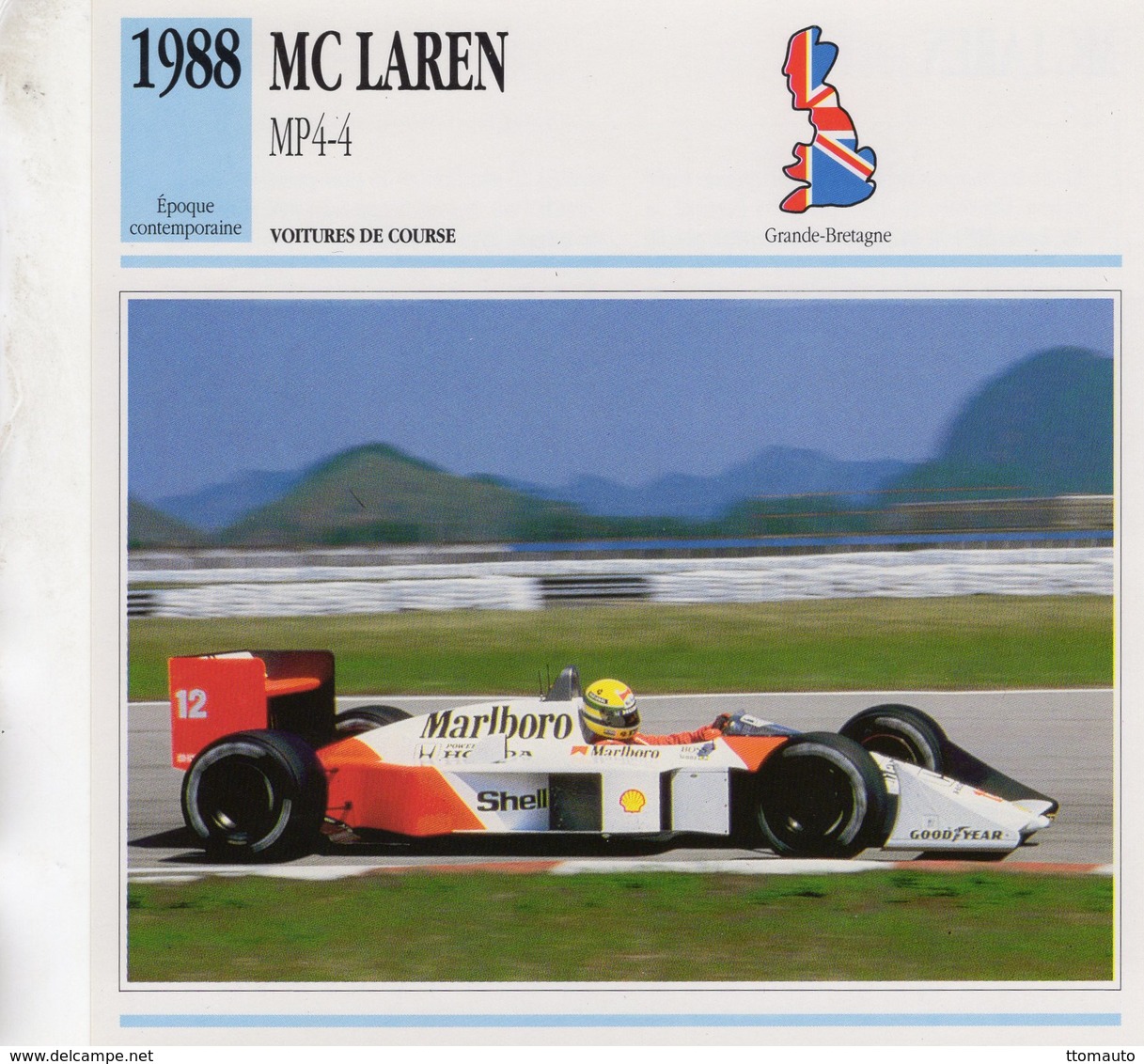 Fiche  -  Formula 1 Grand Prix Cars  -  McLaren MP4-4  -  Ayrton Senna  -  Carte De Collection - Grand Prix / F1