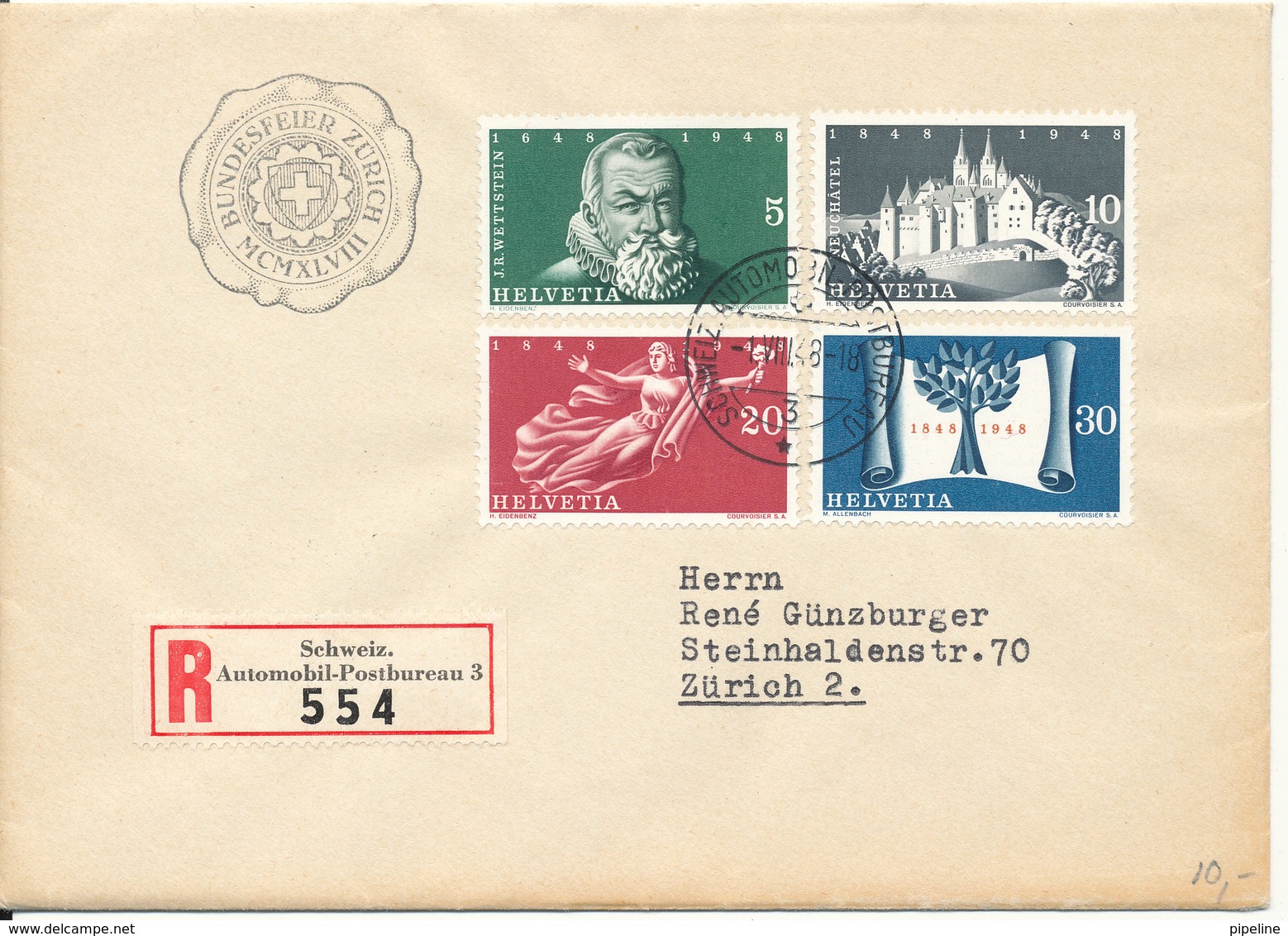 Switzerland Registered Cover With Complete Set 300 Years Independence Automobil-Postbureau 3 Postmark - Lettres & Documents