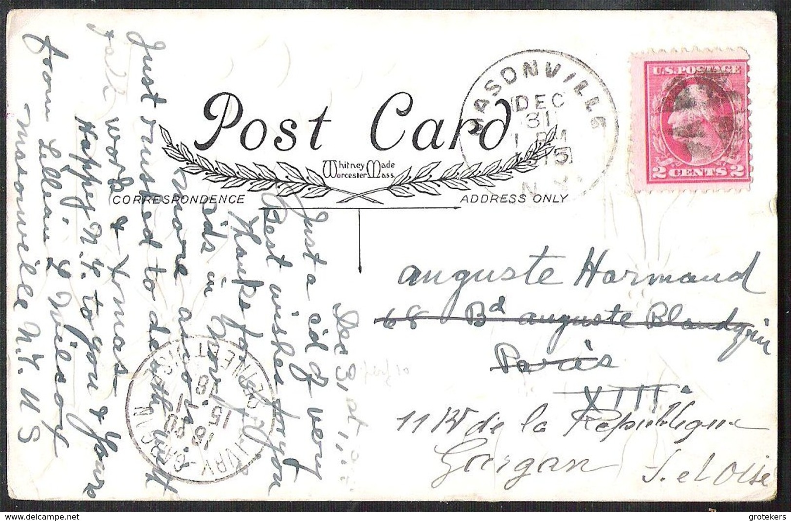 New Year Card Sent 1915 From Masonville To France - Andere & Zonder Classificatie