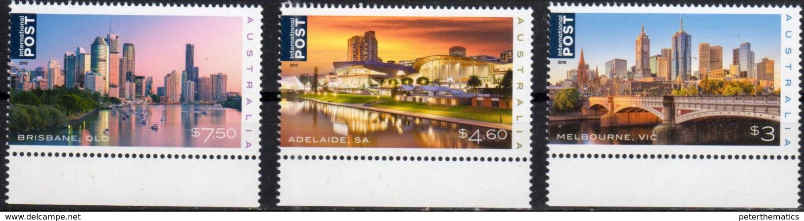 AUSTRALIA, 2018, MNH, AUSTRALIAN CITIES, ADELAIDE, BRISBANE, MELBOURNE, BOATS, BRIDGES, 3v - Geografía