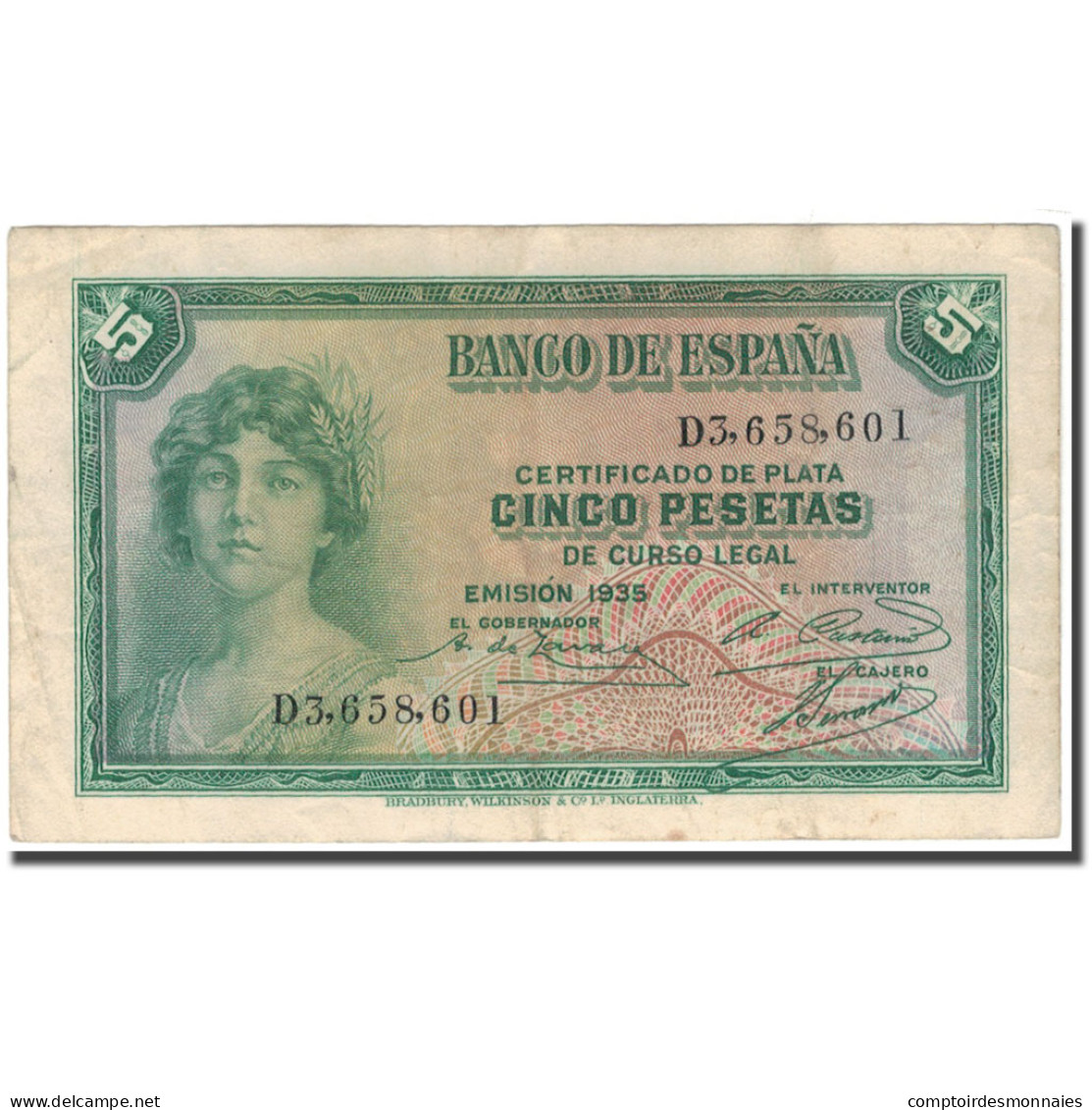 Billet, Espagne, 5 Pesetas, 1935, KM:85a, TTB - 5 Pesetas