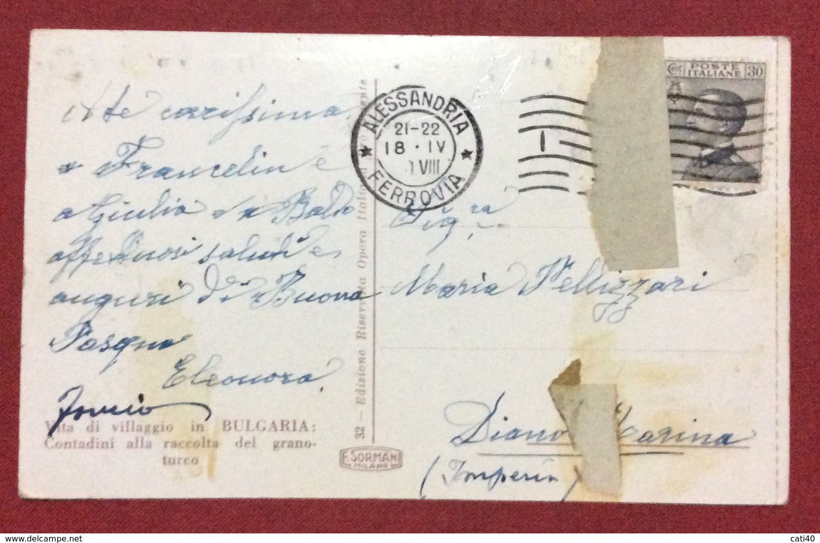 BULGARIA  COSTUMI LOCALI  RACCOLTA DEL GRANTURCO  CARTOLINA DA ALESSANDRIA  A DIANO MARINA IL 18/4/1930 - Bulgaria