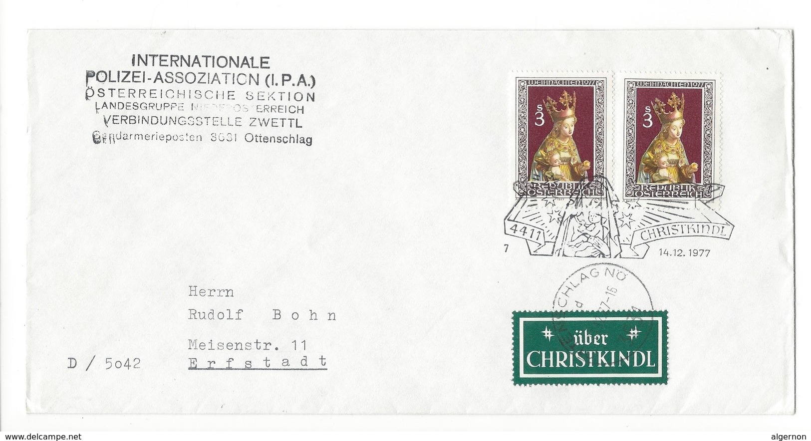 21226 - Christkindl 1977 Lettre Pour Erfstadt 14.12.1977  + Internationale Polizei Assoziation Ottenschlag - Noël