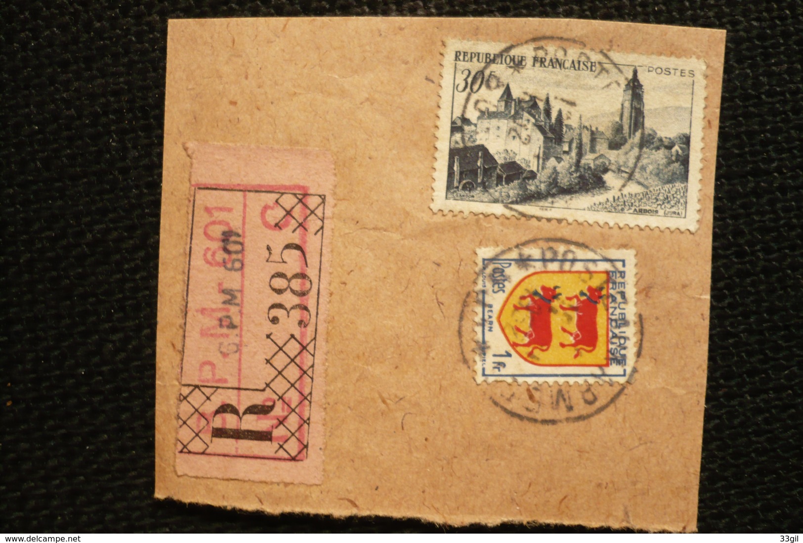 Petit Fragment Recommandé Cachet BPM601 1952 Postes Aux Armées Blason Béarn Arbois - Military Postmarks From 1900 (out Of Wars Periods)