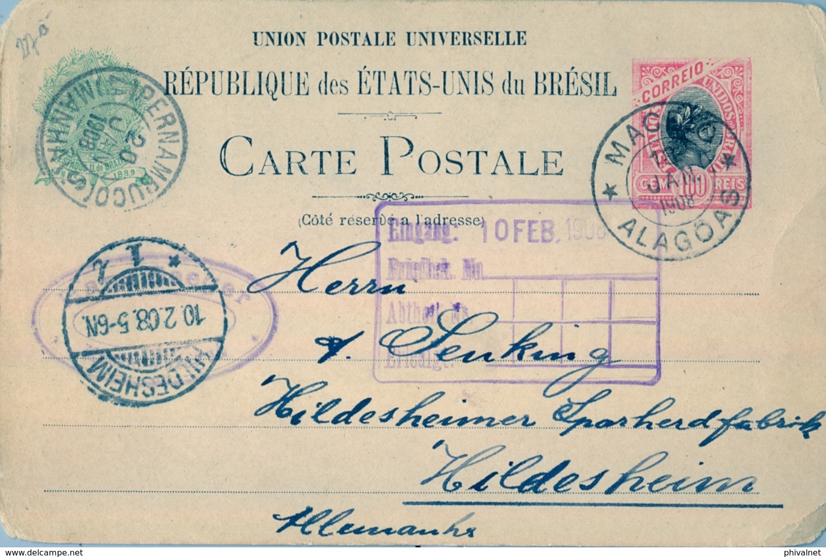 1908 , BRASIL , ENTERO POSTAL MACEIÓ ( ALAGOAS ) - WILDESHEIM , TRÁNSITO DE PERNAMBUCO , LLEGADA - Postal Stationery