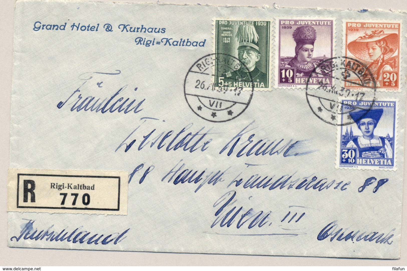 Schweiz - 1939 - Pro Juventute Set On R-cover From Rigi-Kaltbad To Wien / Österreich - Briefe U. Dokumente