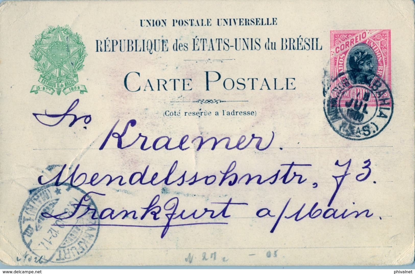 1900 , BRASIL , ENTERO POSTAL BAHIA - FRANKFURT , CIRCULADO VIA LISBOA CON TRÁNSITO AL DORSO , LLEGADA - Postal Stationery