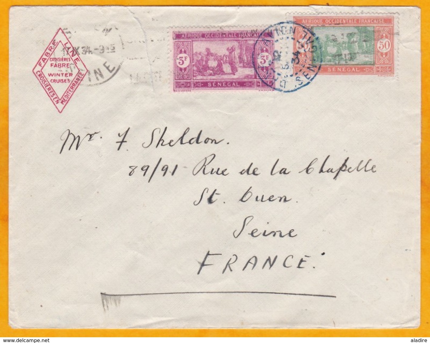 1934 - Enveloppe De Dakar Avion, Sénégal, France Vers Saint Ouen, France - Affrt 3.50 F - Ligne Mermoz - Brieven En Documenten