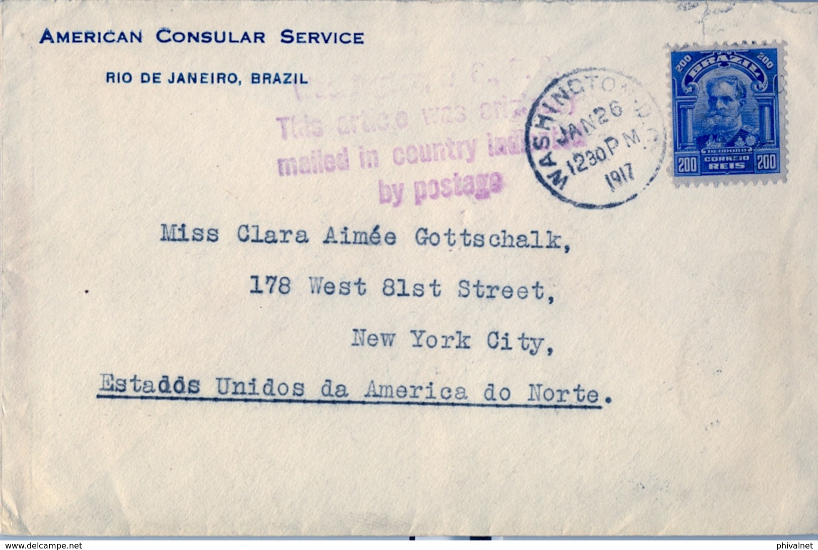 1917 , BRASIL , AMERICAN CONSULAR SERVICE, RIO DE JANEIRO - NEW YORK , MARCA CORREO AMERICANO , FECHADOR DE WASHINGTON - Cartas & Documentos