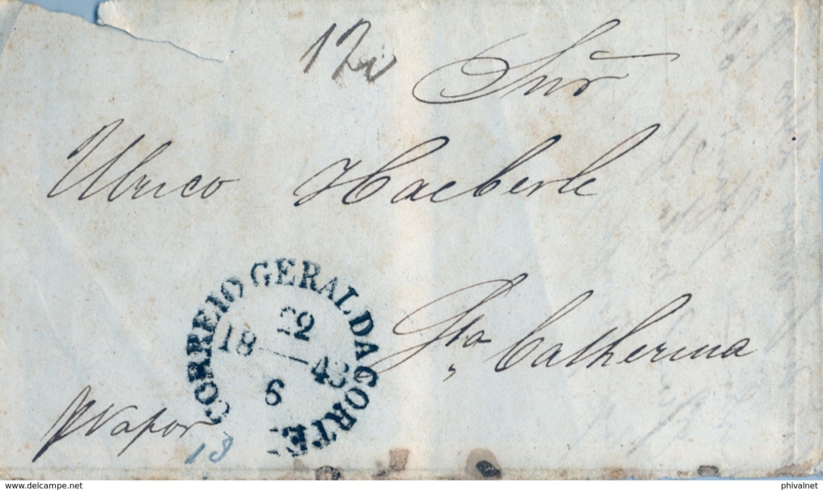 1843 , BRASIL , RARO FRONTAL CIRCULADO , MARCA " CORREIO GERAL DA CORTE " , PORTEO 12 REIS, POR VAPOR - Briefe U. Dokumente