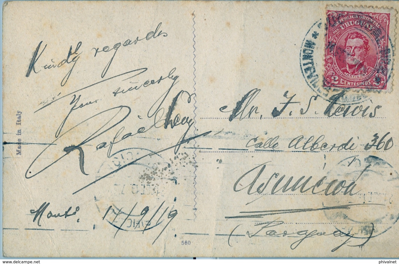 1919 , URUGUAY , TARJETA POSTAL CIRCULADA , MONTEVIDEO - ASUNCIÓN , RAMBLA Y PLAYA POCITOS - Uruguay