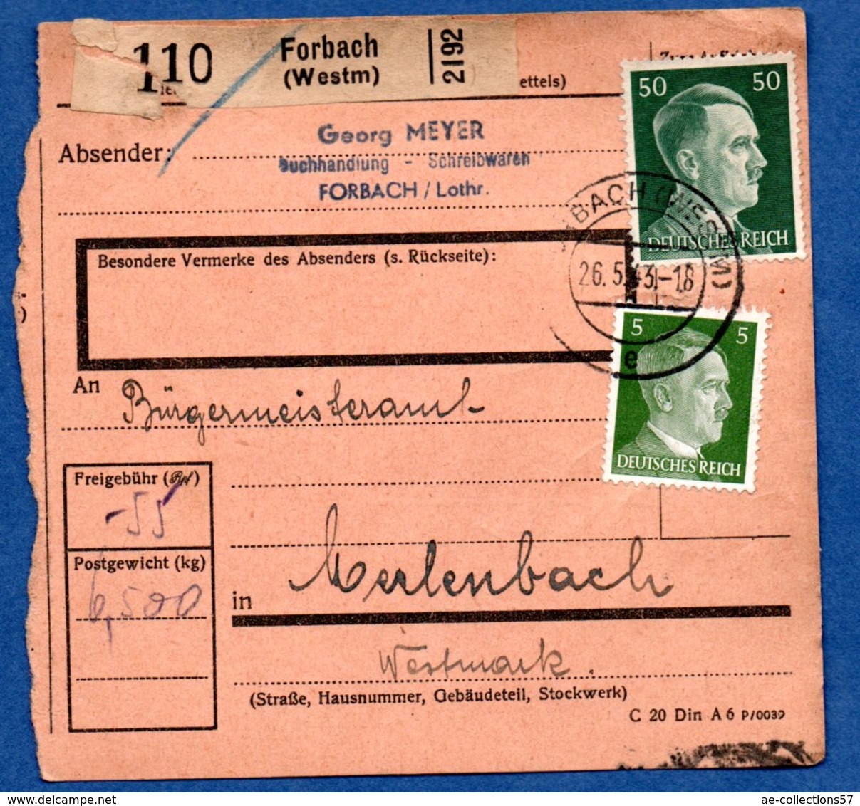 Colis Postal  - Départ Forbach  -  26/5/1943 - Lettres & Documents