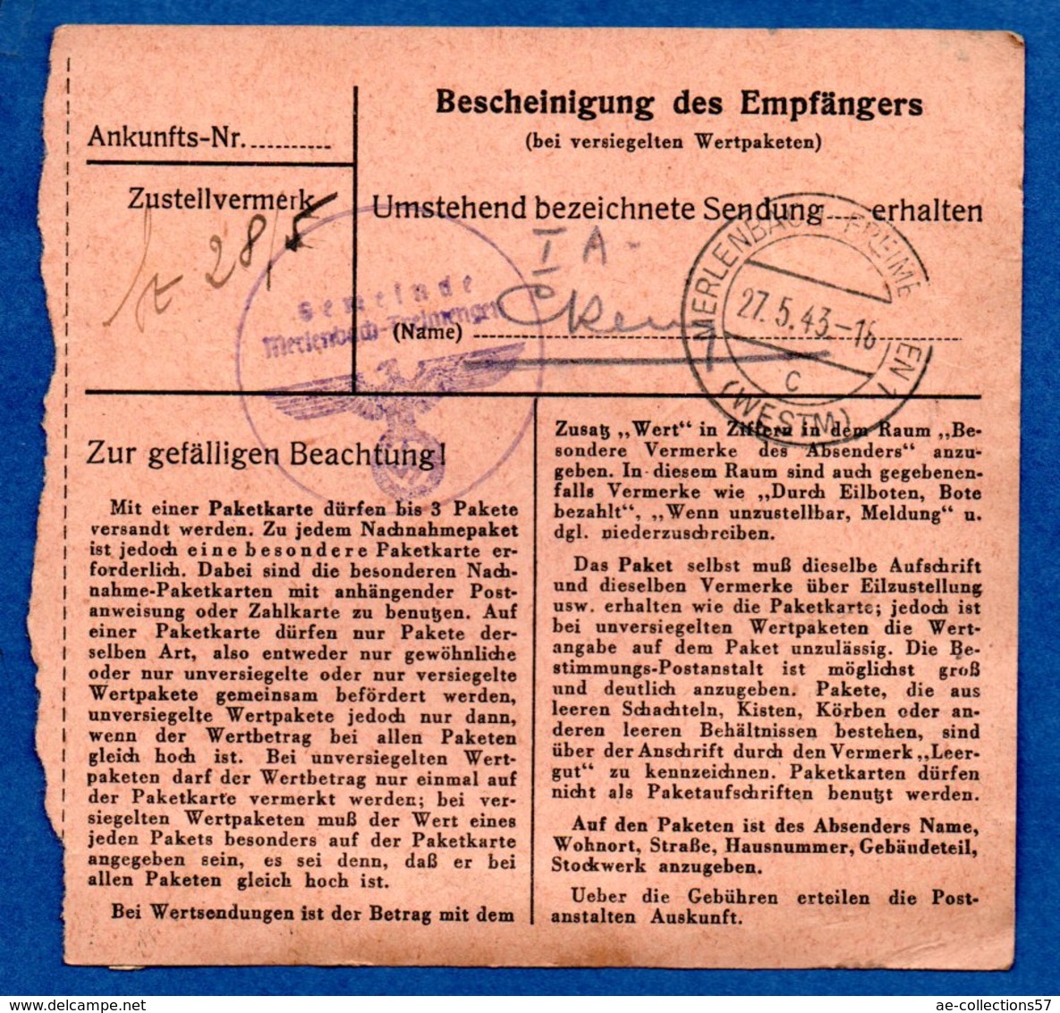 Colis Postal  - Départ Forbach  -  26/5/1943 - Lettres & Documents