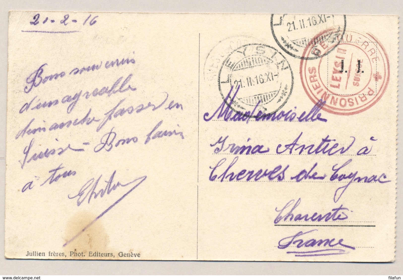 Schweiz - 1916 - POW-Postcard From LEYSIN To France - Documenten