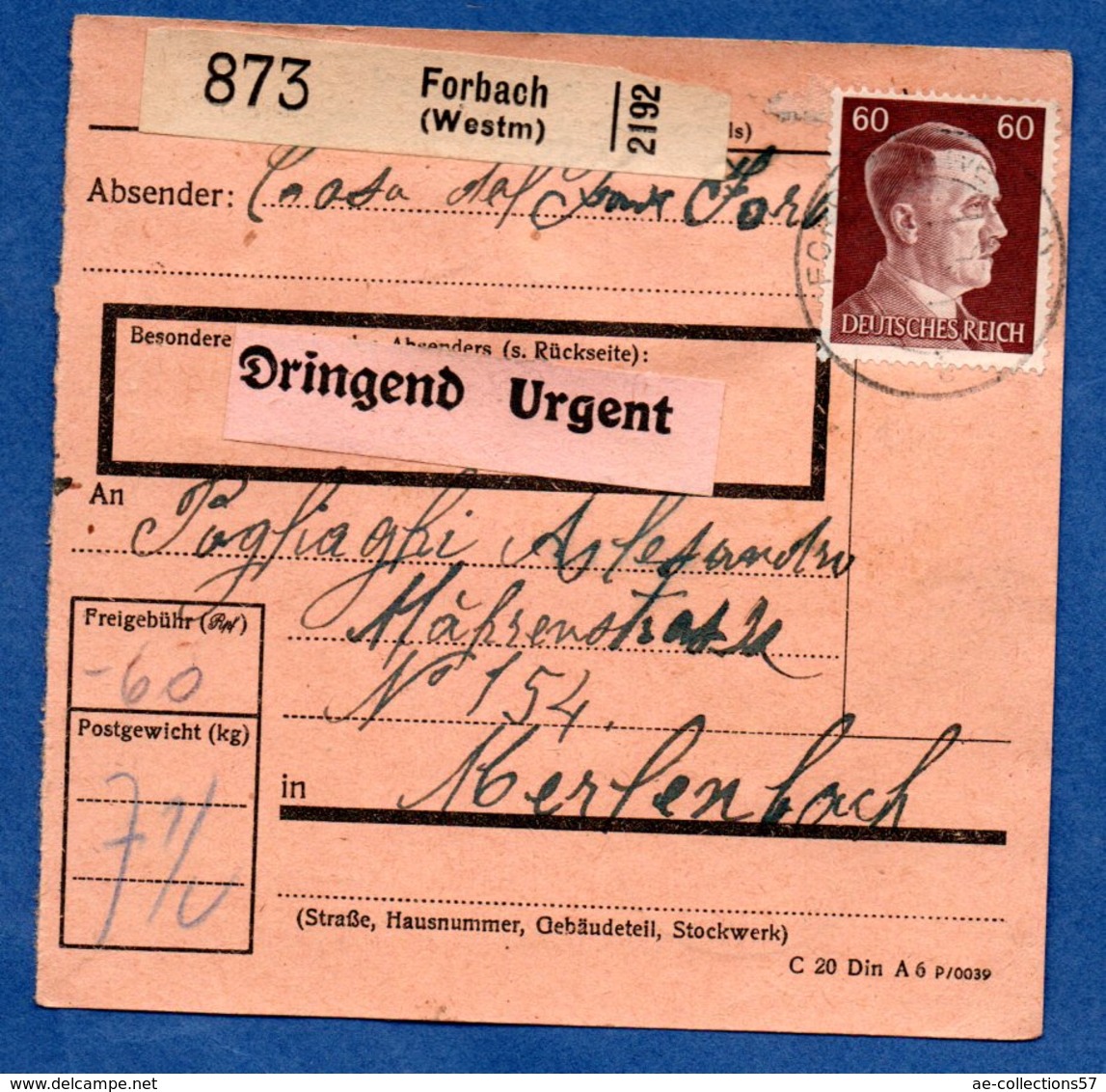 Colis Postal  - Départ Forbach  -  20/3/1943 - Lettres & Documents