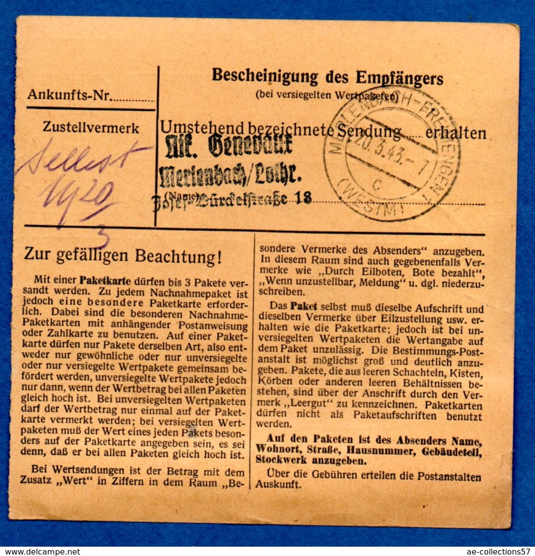 Colis Postal  - Départ Forbach  -  20/3/1943 - Lettres & Documents