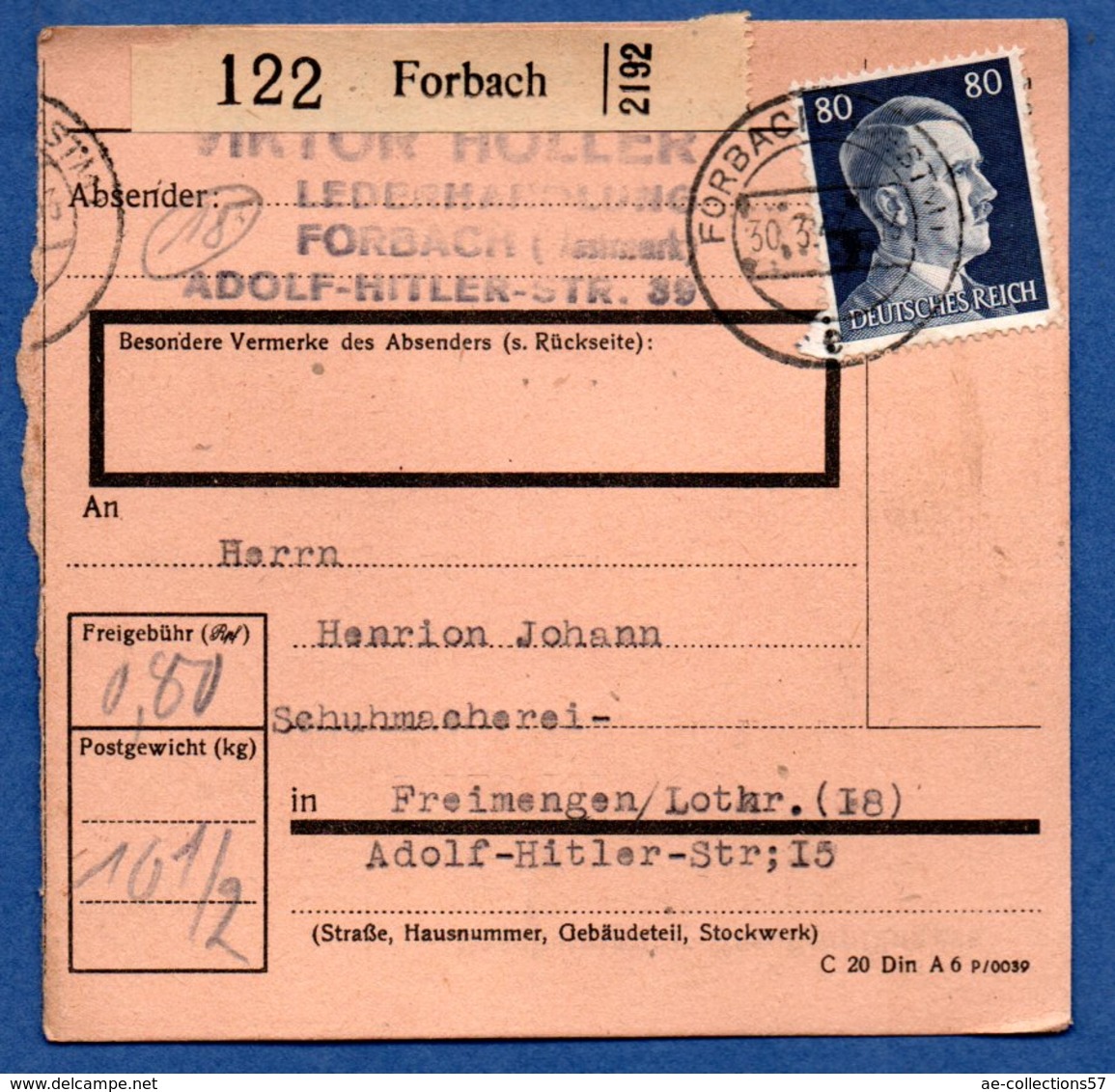 Colis Postal  - Départ Forbach  -  30/3/1943 - Brieven En Documenten