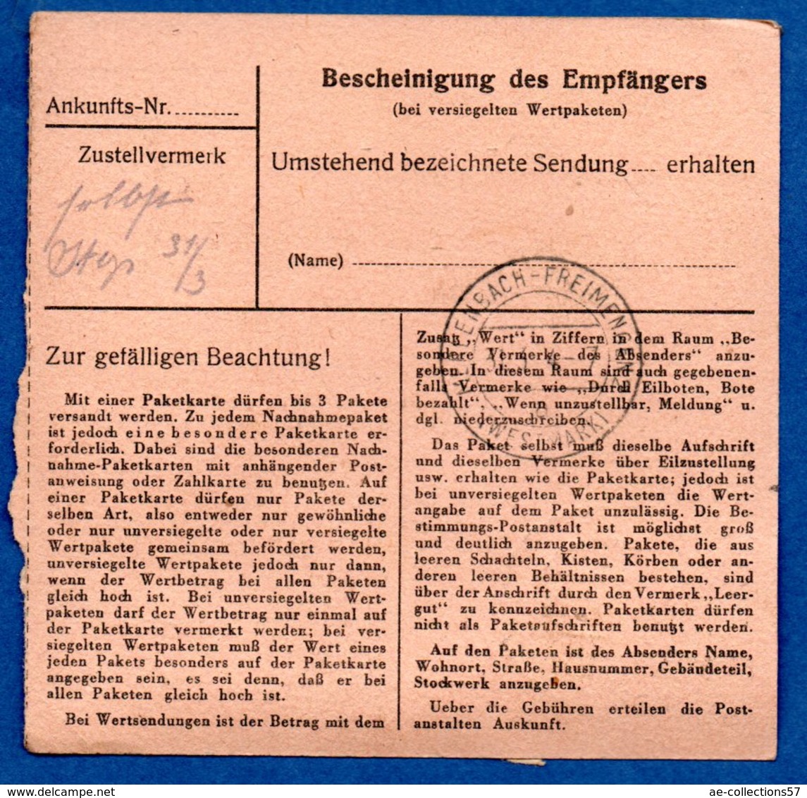 Colis Postal  - Départ Forbach  -  30/3/1943 - Brieven En Documenten