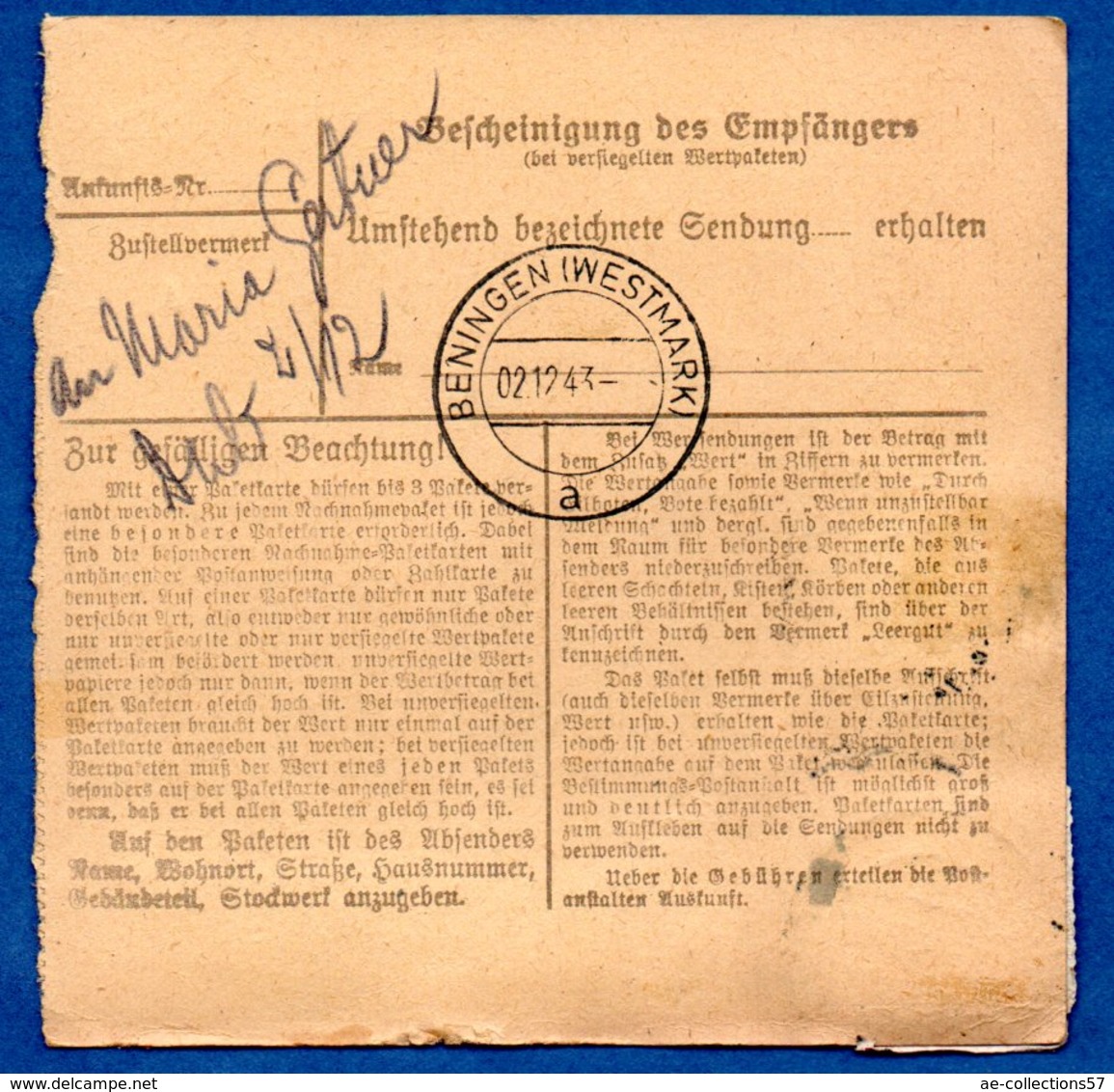 Colis Postal  - Départ Forbach  - Pour Betting   30/11/1943 - Lettres & Documents