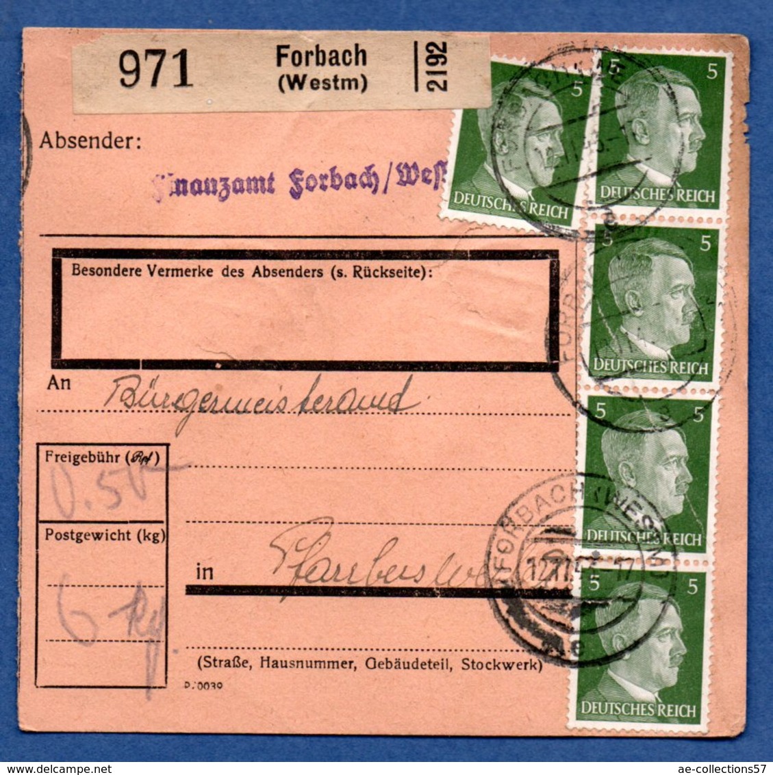 Colis Postal  - Départ Forbach  -  Pour Farréberviller 16/11/1943 - Lettres & Documents