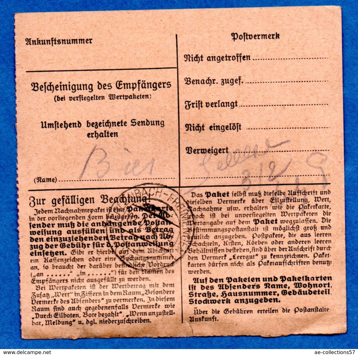 Colis Postal  - Départ Forbach  -  02/02/1943 - Lettres & Documents