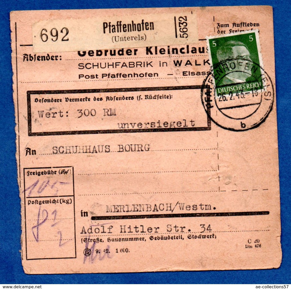 Colis Postal  - Départ Pfaffenhofen -  26/02/1943 - Lettres & Documents