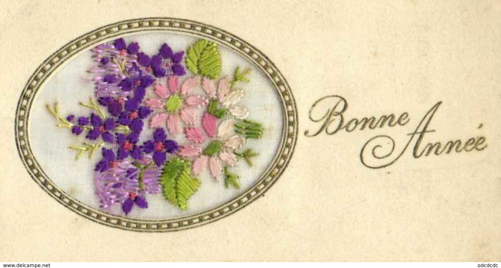 Carte Brodée Fleurs Bonne Année R V - Embroidered