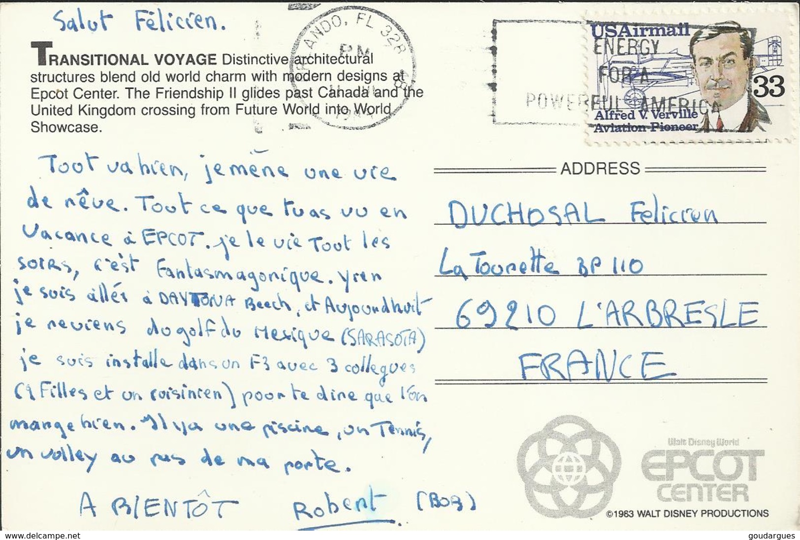 Epcot Center - Timbre De 1985 Airmail "Alfred V.Verville" - - Orlando