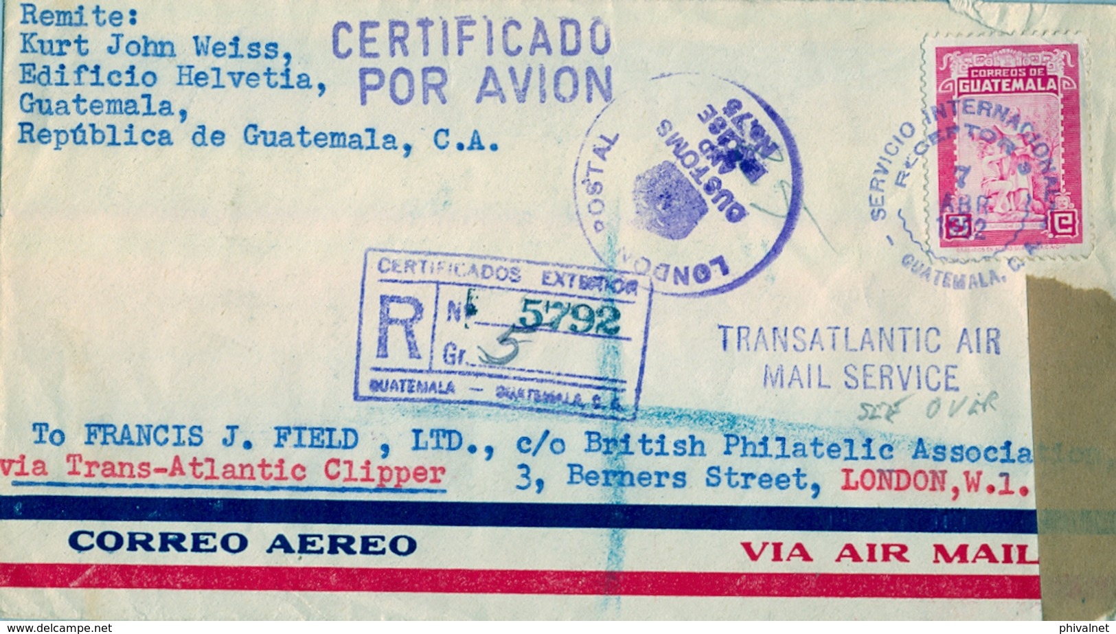 1952 , GUATEMALA , CORREO AÉREO , CERTIFICADO , VIA TRANS - ATLANTIC CLIPPER A LONDRES , VIA WASHINGTON - Guatemala