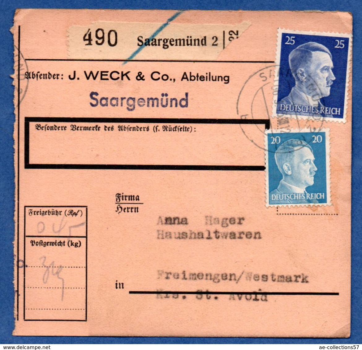 Colis Postal  - Départ Saargemund 2 -  06/03/1943 - Lettres & Documents
