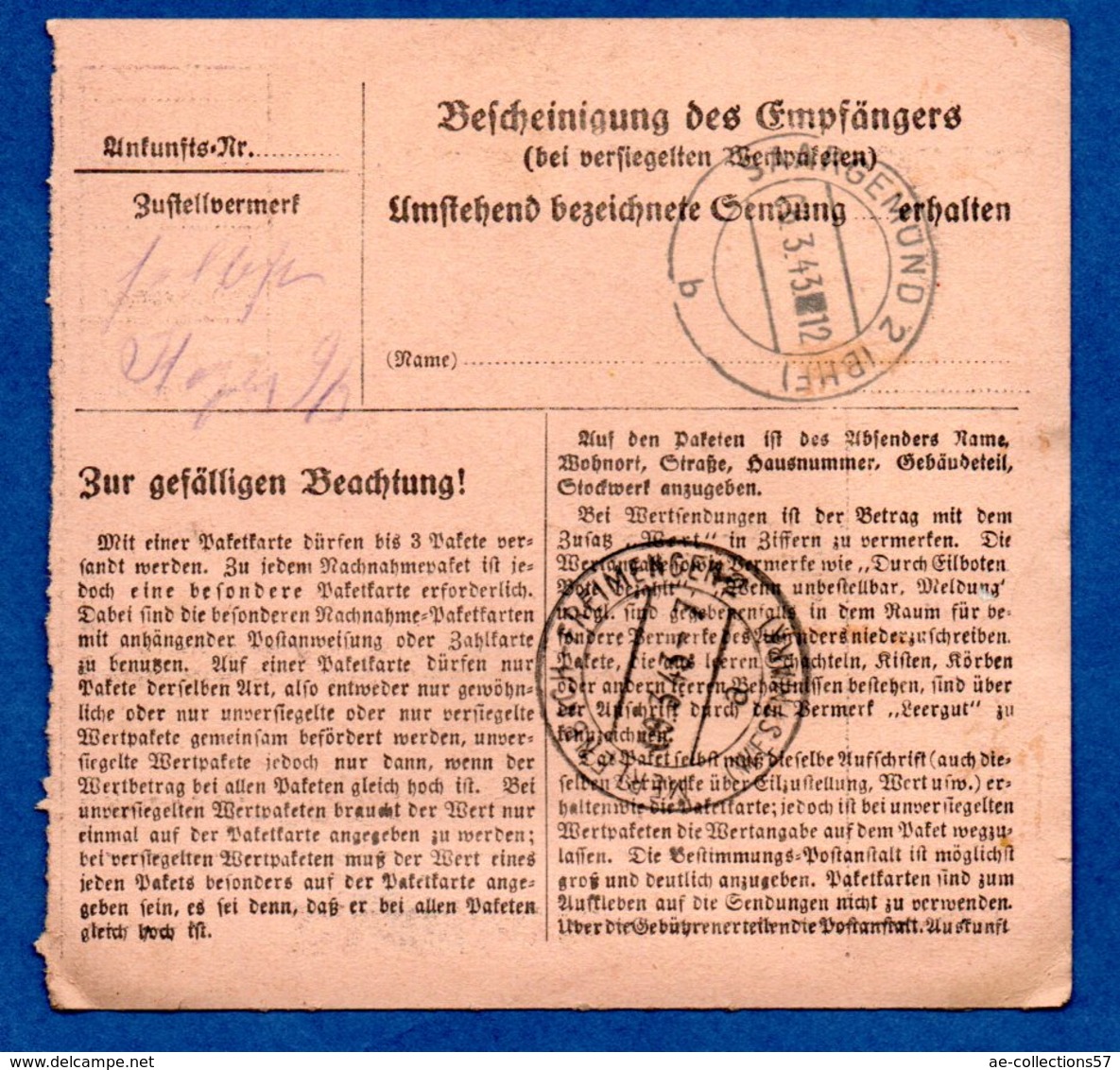 Colis Postal  - Départ Saargemund 2 -  06/03/1943 - Lettres & Documents