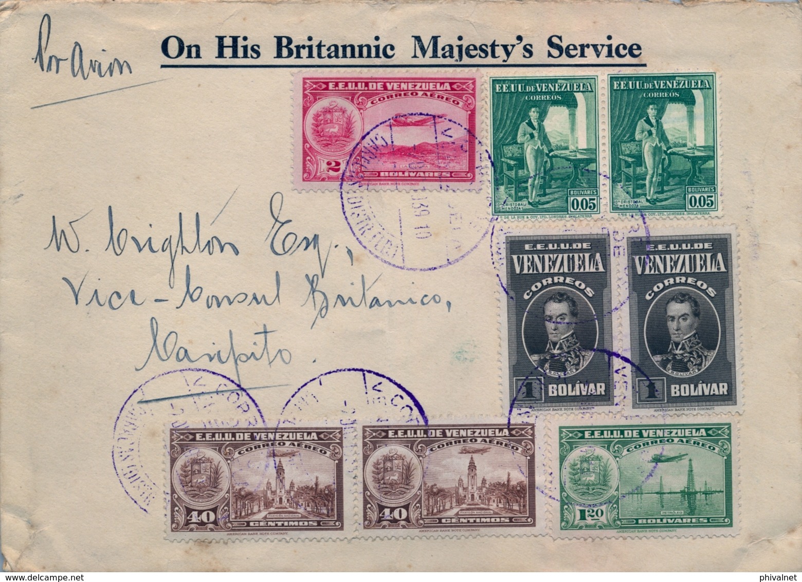 1939 , VENEZUELA , CARACAS - CARIPÌTO , CORREO CONSULAR , " ON HIS BRITANNIC MAJESTY'S SERVICE ", MAGNÍFICO SOBRE - Venezuela