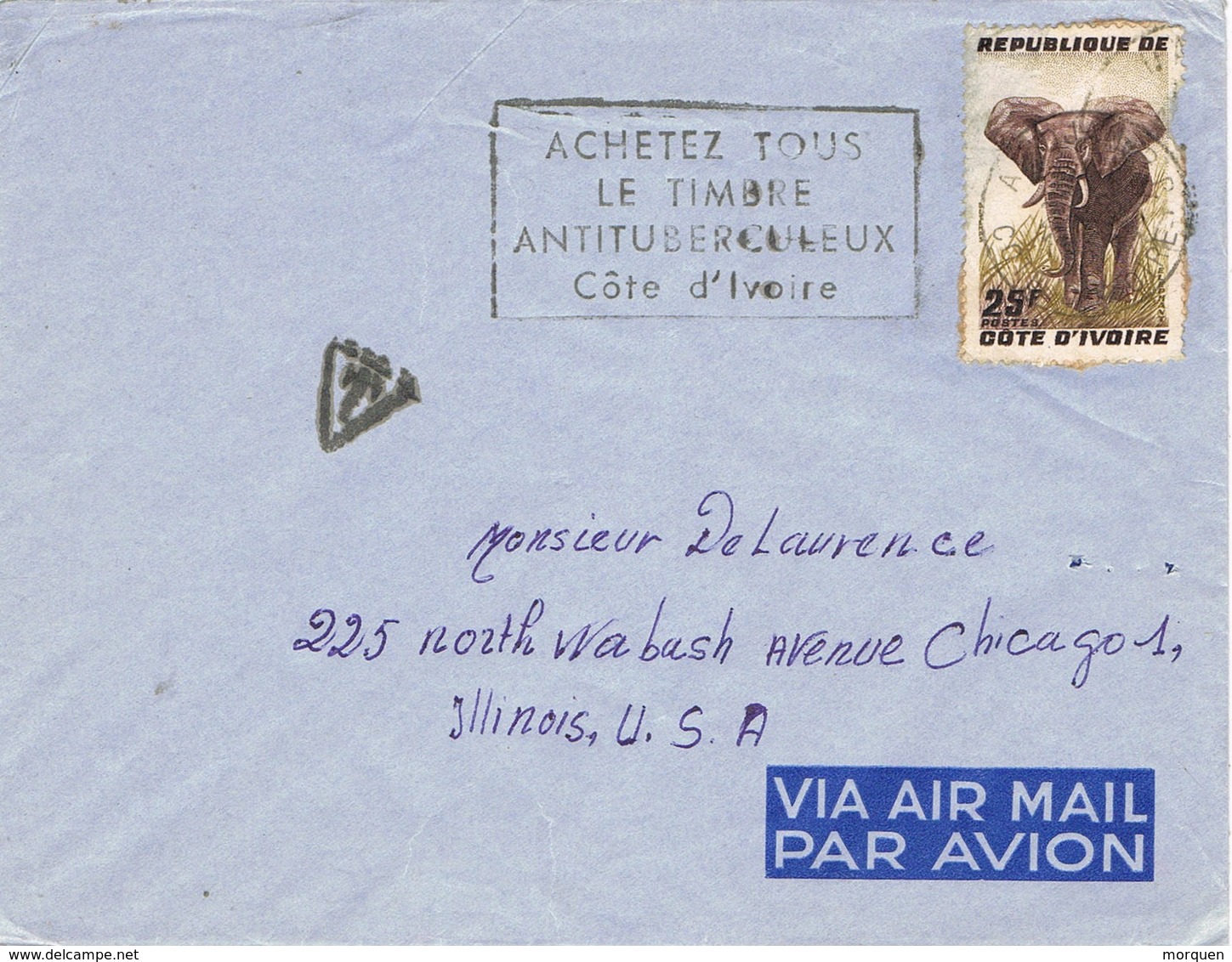 30917. Carta Aerea ADJAME (Costa De Marfil)  Côte D'Ivoire. TAXE. Antituberculeux. Elephant - Costa De Marfil (1960-...)