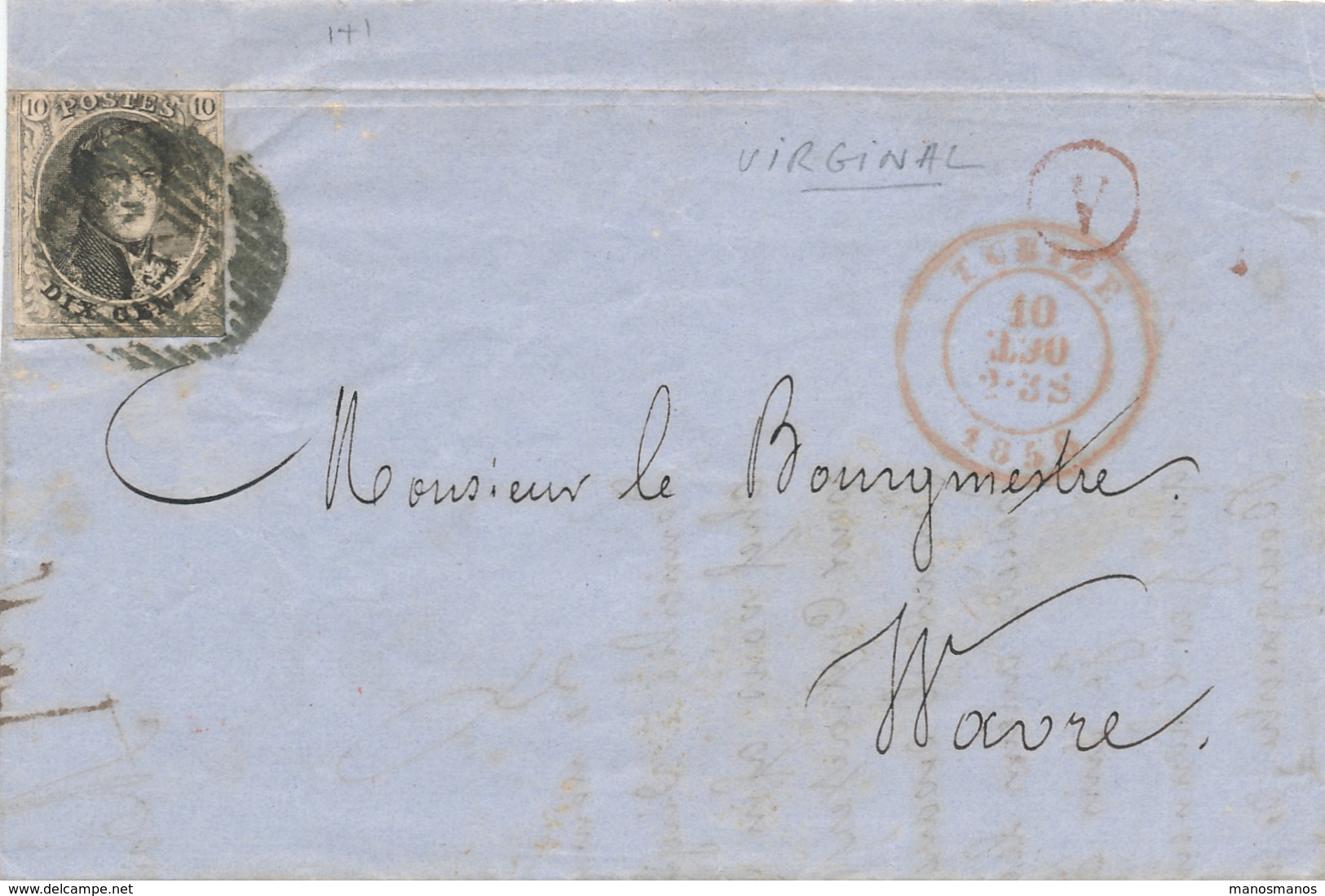 127/28 - Lettre TP Médaillon 10 C Barres 121 De TUBIZE 1856 - Boite Rurale V En Rouge De VIRGINAL - Posta Rurale