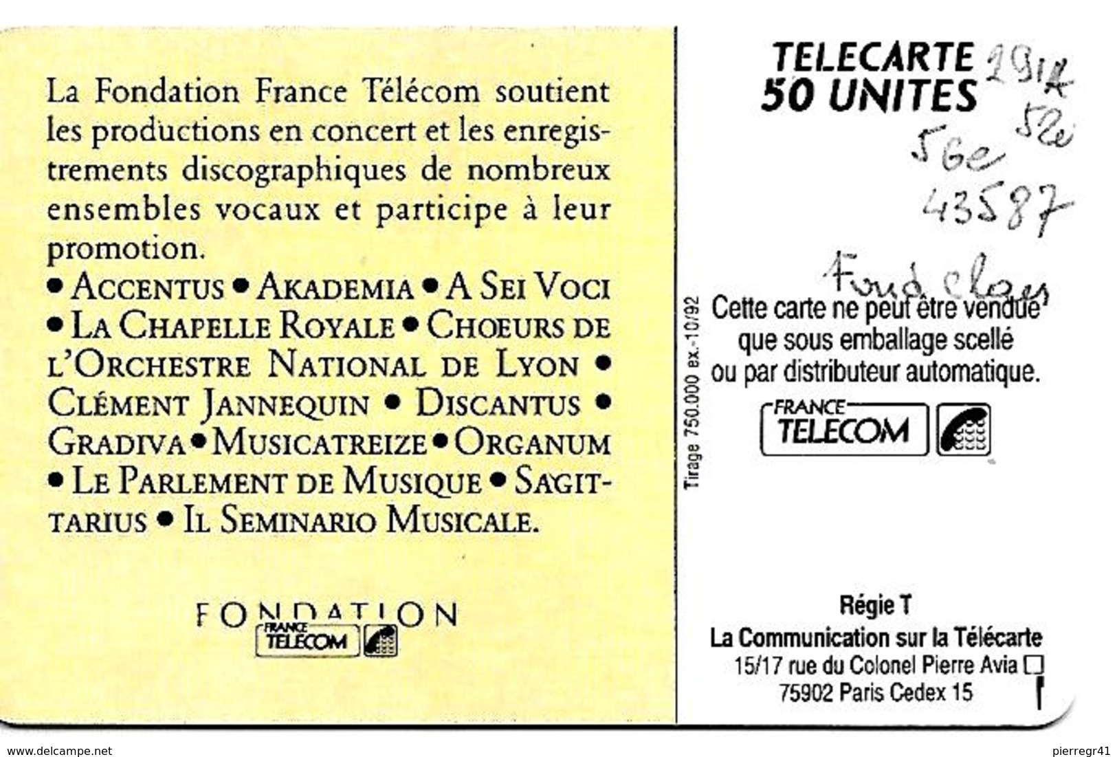 CARTE^-PUBLIC-F291A-50U-SC5-10/92-MUSIQUE VOCALE-R°Jaune Pale R°Brillant-5 GE 43587-UTILISE-TBE-RAR - 1992