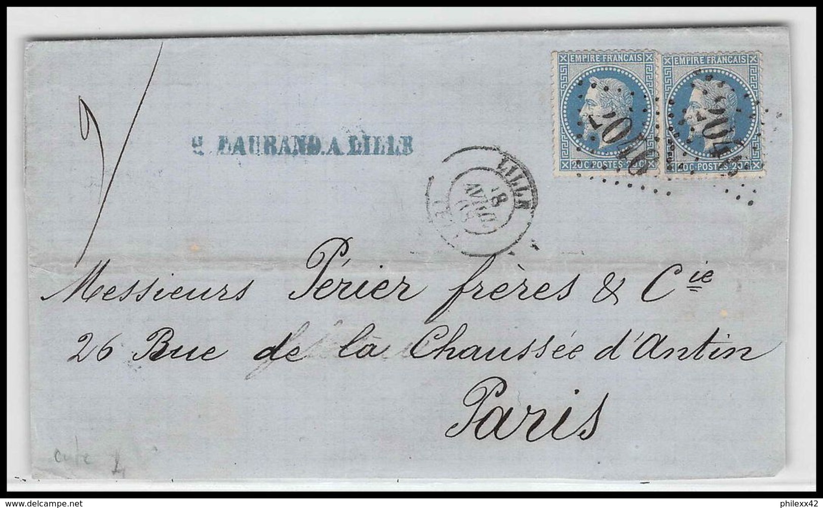 1254 Lettre (cover) N°29 GC 2046 Lille Nord 18/04/1868 Paire Lettre Résultats De Recherche - France Type Napoléon 3 - 1849-1876: Période Classique