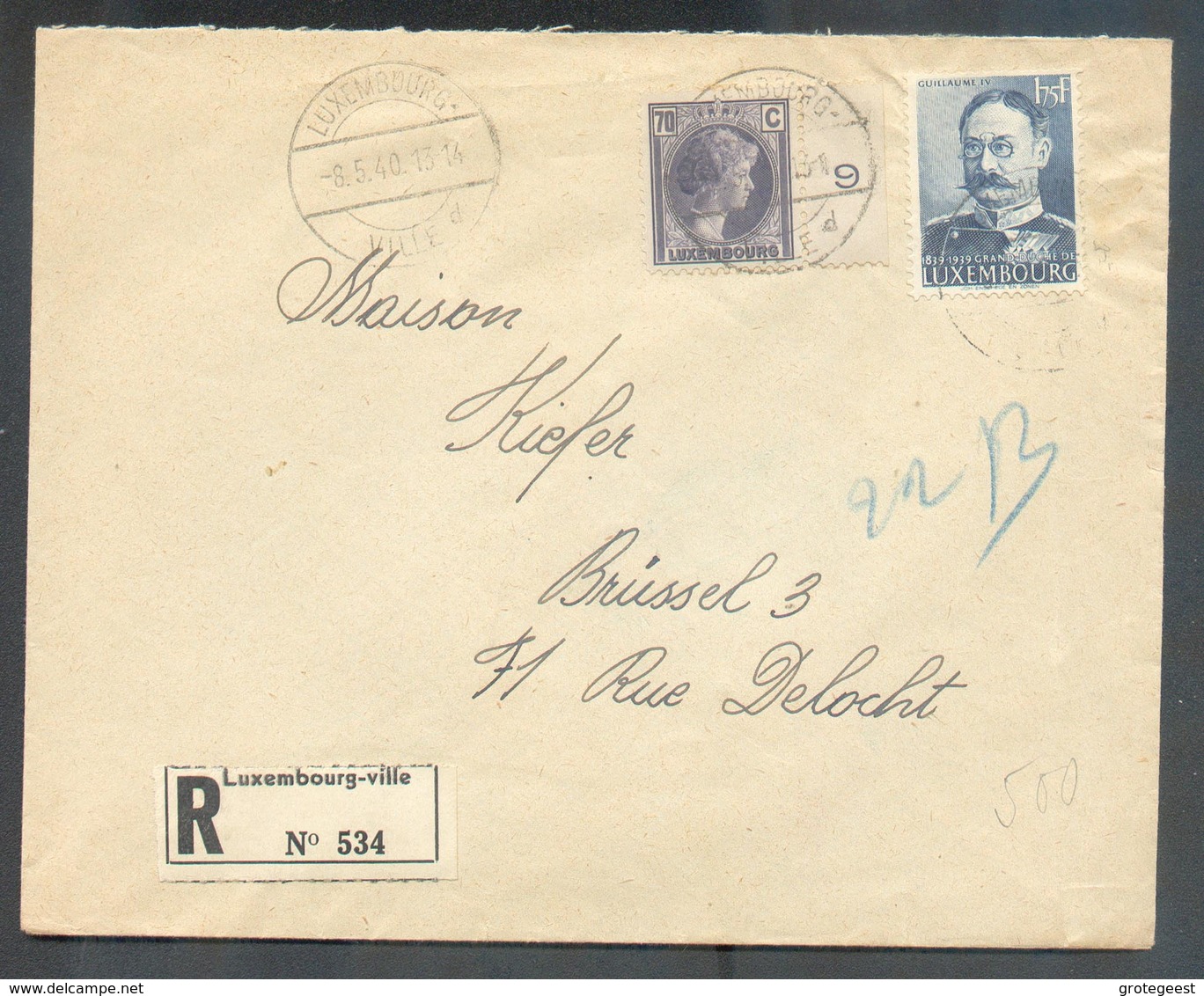 70c. J. Charlotte + 1Fr75 Guillaume Obl. Dc LUXEMBOURG VILLE Sur Lettre Recommandée Du 8.5.1940 Vers Bruxelles (invasion - Covers & Documents