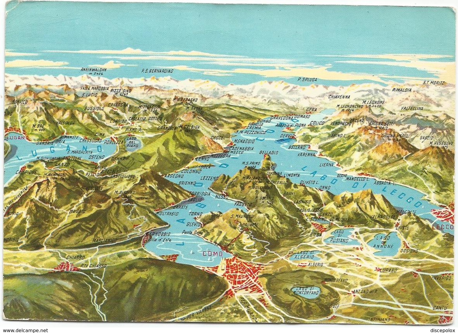 V3443 Veduta Generale Dei Laghi Di Como E Di Lugano - Carta Geografica Map Carte Geographique / Viaggiata 1963 - Carte Geografiche