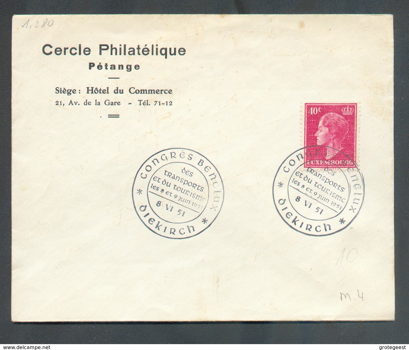 40c. Obl. Dc CONGRES BENELUX Des TRANSPORTS Et Du TOURISME à DIEKIRCH Sur Lettre Du 8-VI-1951 (C.P. Pétange) - 13507 - Lettres & Documents