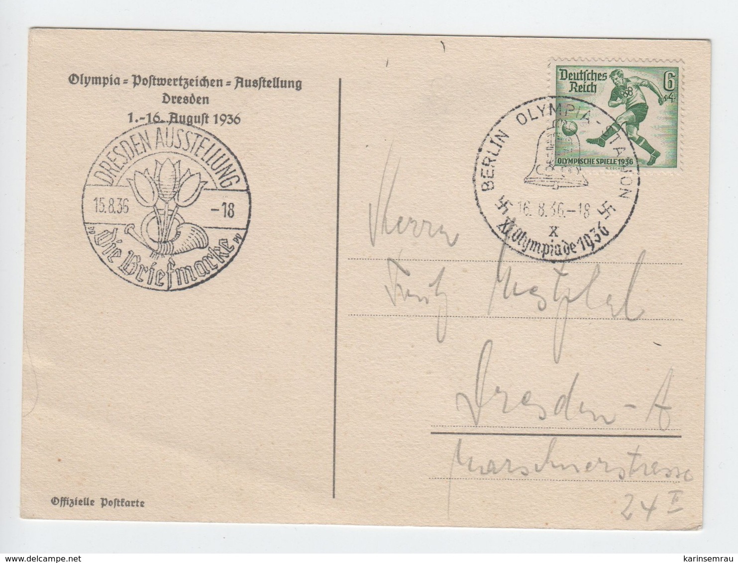 Olympiapostwertzeichen Ausstellung 1936 , Farbige Postkarte - Briefe U. Dokumente