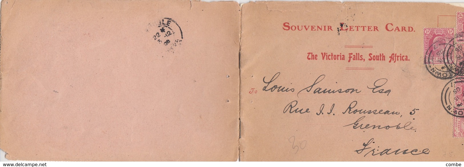 SOUVENIR LETTER CARD THE VICTORIA FALLS SOUTH AFRICA. CAPE-TOWN TO FRANCE. 15 11 1905 - Autres & Non Classés