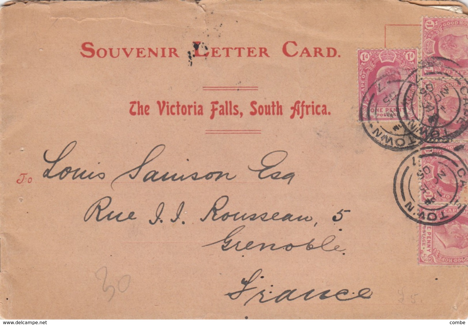 SOUVENIR LETTER CARD THE VICTORIA FALLS SOUTH AFRICA. CAPE-TOWN TO FRANCE. 15 11 1905 - Autres & Non Classés