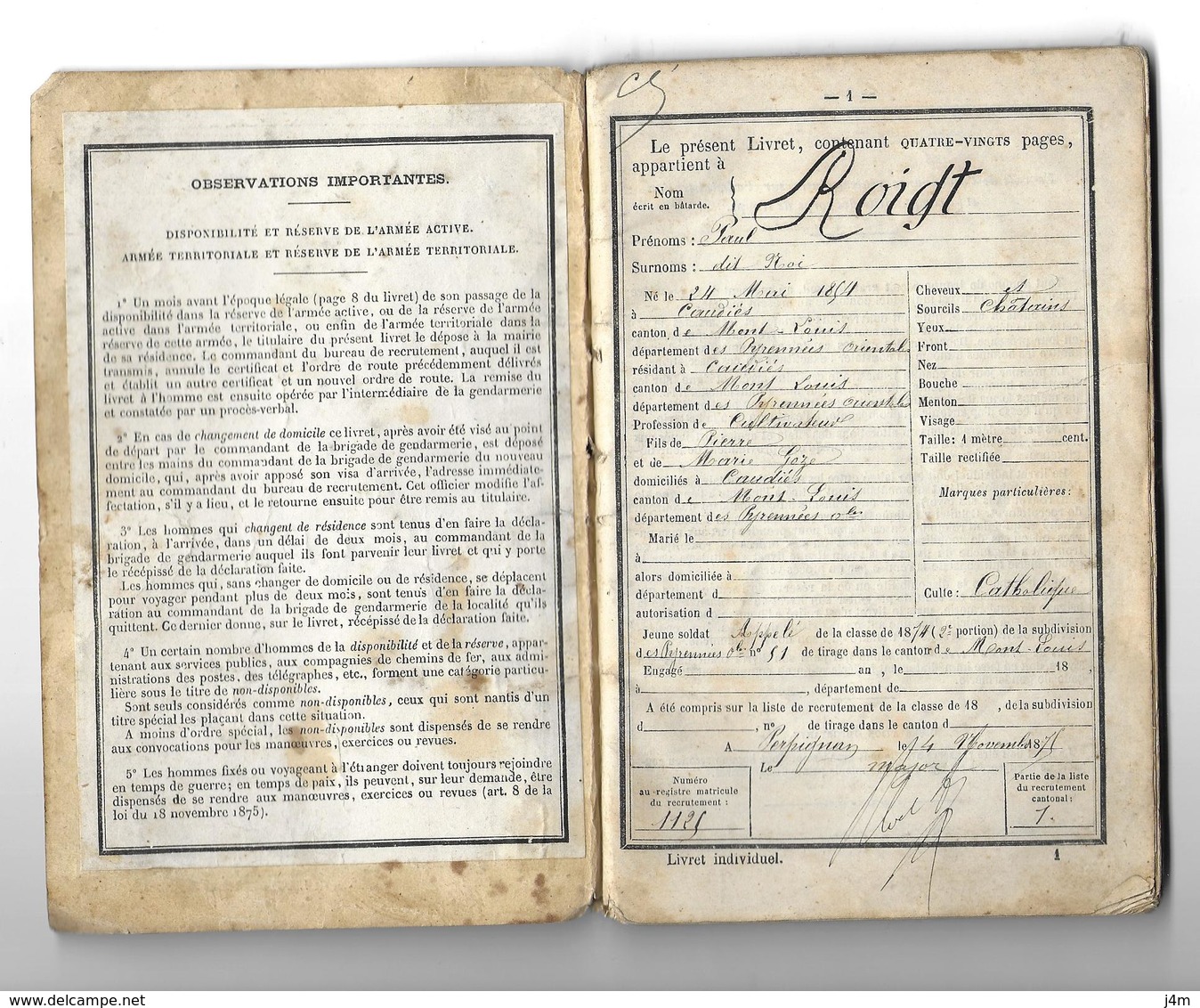 DOCUMENT.. LIVRET MILITAIRE Classe 1874 Soldat ROIGT Paul 126e Rég.Infanterie, Argiculteur à CAUDIES ( 66) - Dokumente